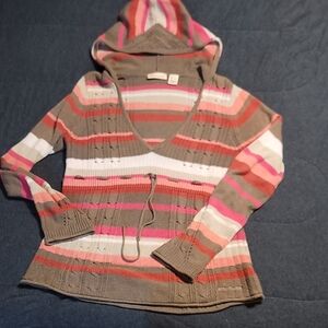 DKNY Y2K V-Neck Hooded Striped Sweater Jumper Size L